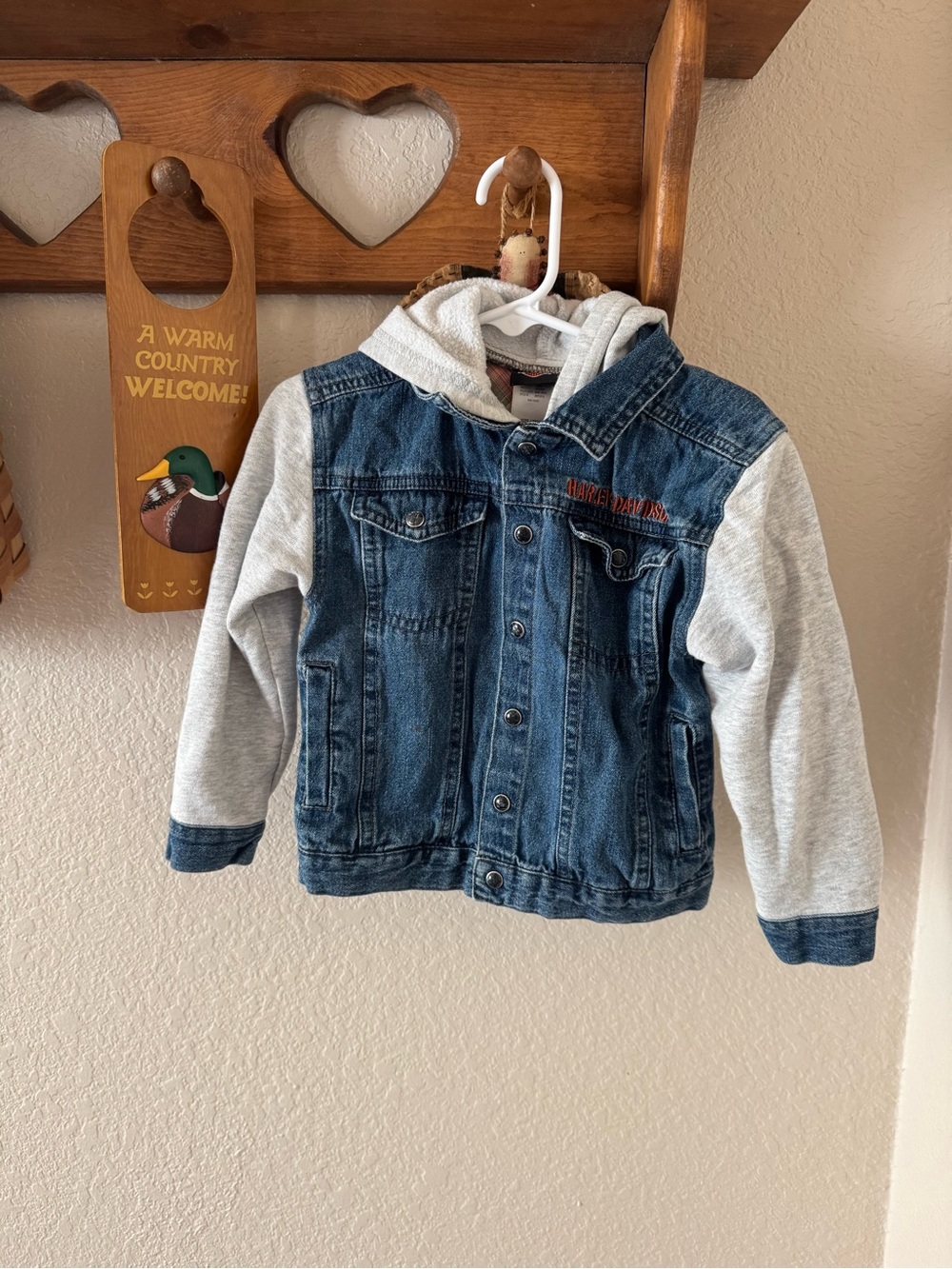 Harley-Davidson Kids Denim Jacket with Gray Hoodie Sleeves - Blue & Gray